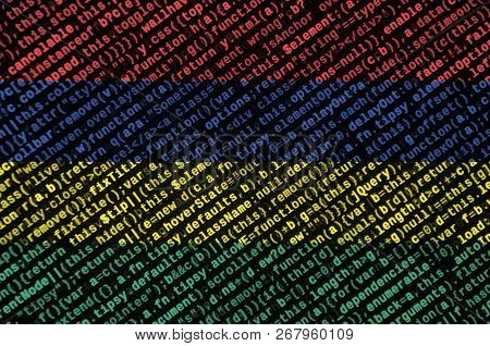Mauritius Flag  Is Depicted On The Screen With The Program Code. The Concept Of Modern Technology An
