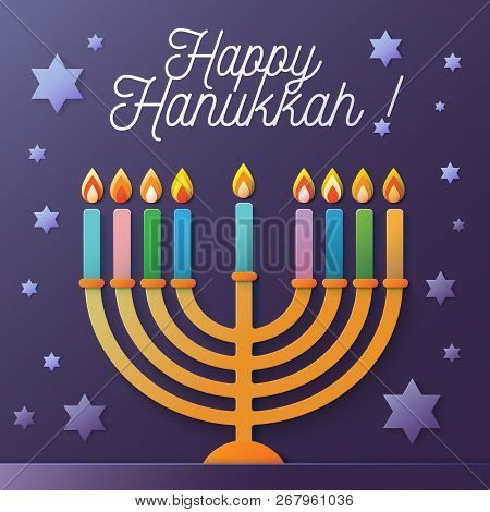 Happy Hanukkah Vector Illustration With Menorah And David Stars On A Violet Background