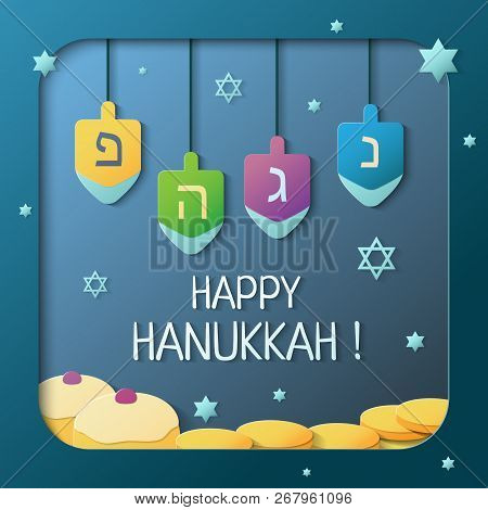 Happy Hanukkah Vector Illustration With Dreidel And David Stars