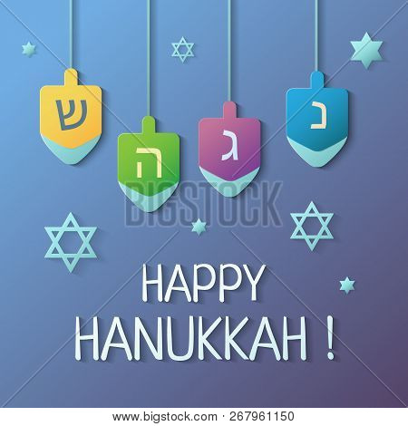 Happy Hanukkah Vector Illustration With Dreidel And David Stars On A Violet Background