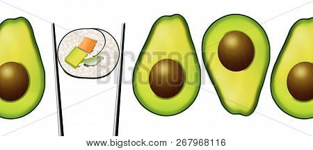 Avocado Halves With Pits Are Seen Next To A Sushi Roll That Contains Carrot, Avocado And Cucumber. A