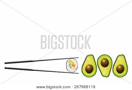 Avocado Halves With Pits Are Seen Next To A Sushi Roll That Contains Carrot, Avocado And Cucumber. A