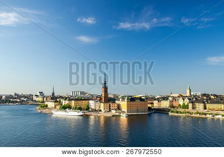 Aerial Panoramic Top View Of Riddarholmen District, Riddarholm Church And Typical Sweden Gothic Buil