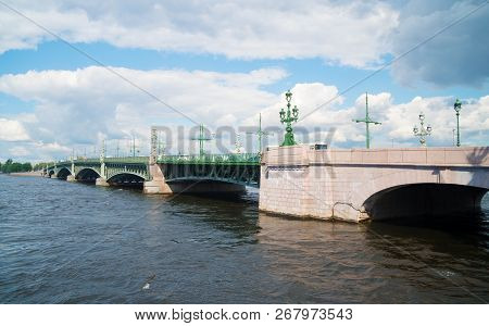 Troitsky Drawbridge Bridge Across The Neva River In St. Petersburg.