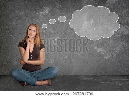 Young Woman Legged Thinking Floor Idea Brainstorm