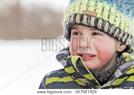 Child Is Crying In The Winter, Little Boy, Crying, Upset.