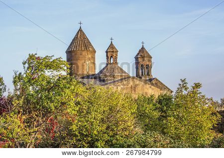 Autumn Evening Over The Kasah River Canyon Overlooking The Monastery Saghmosavank Among The Orchard,