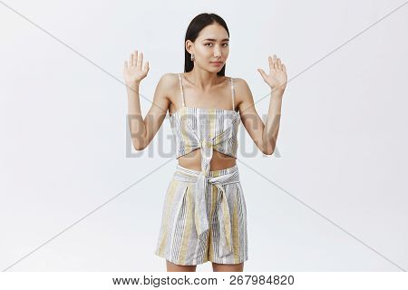 I Am Not Gonna Help You. Portrait Of Indifferent Displeased Self-assured Attractive Female In Matche