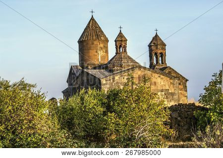 Monastery Saghmosavank Autumn Evening Standing On The Side Of The Orchard Located On The Edge Of The