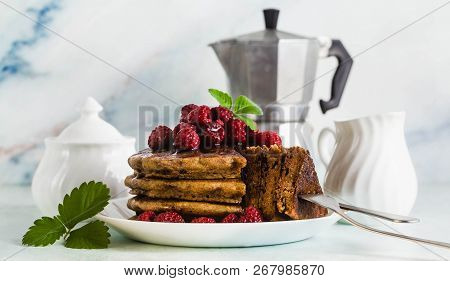 Banner Of Gluten-free Green Buckwheat Pancakes With Fresh Berries And Maple Syrup. Delicious Vegan B