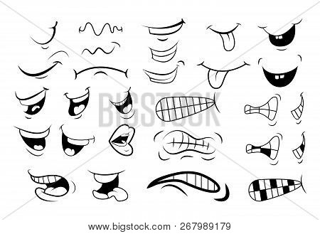 Outline Cartoon Mouth Set . Tongue, Smile, Teeth. Expressive Emotions. Simple Flat Design Isolated O
