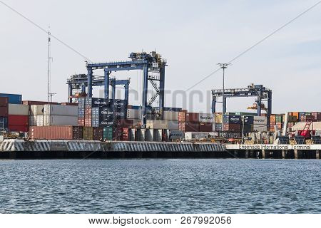 Ensenada, Mexico - October 22, 2018:  Shipping Containers Line The Docks At Ensenada International T