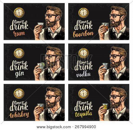 Hipster Holding A Glasses Alcohol Drinks And Antique Pocket Watch.