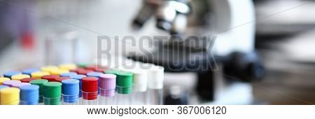 Empty Blood Collection Flasks Stand In Laboratory. Rapid Test For Coronavirus. Empty Test Tubes For 