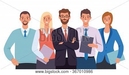 Business Office Work Collective Group Team Standing Together Smiling People Characters On White Back