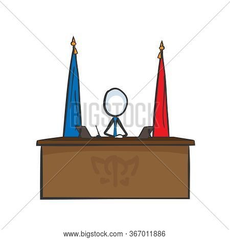 Presindent Table With Flags. Candidate Campaign. Democracy Ruler. Hand Drawn. Stickman Cartoon. Dood