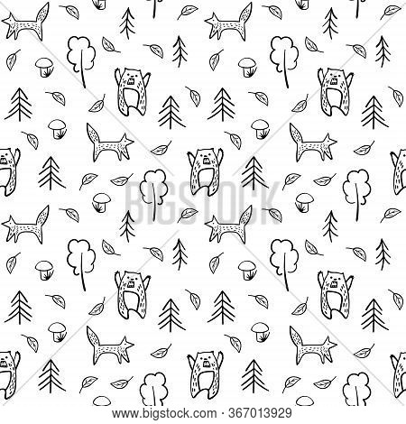 Cute Doolde Animals In Simple Scandinavian Style. Woodland Seamless Pattern. Vector Illustration.