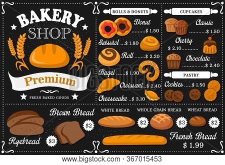 Baker Shop And Patisserie Vector Menu Template. Bread And Pastry Assortment On Black Board With Flou