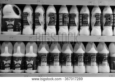Dubai Uae December 2019 Milk Bottles Arranged On Shelves For Sale. Variety Of Sizes. Also Present Fl