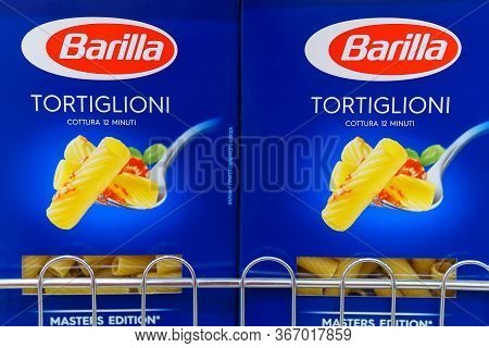 Tyumen, Russia-may 17, 2020: Box Of Pasta Barilla. Barilla Produces Several Kinds Of Pasta.