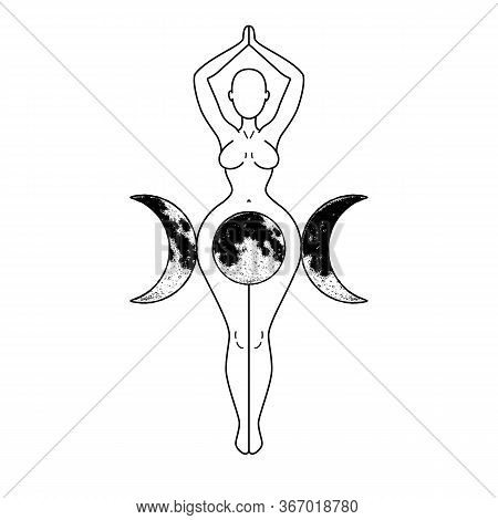 Triple Goddess, Beautiful Woman Figure Respresenting Moon Cycles, Wiccan Traditional Symbol. Vector 