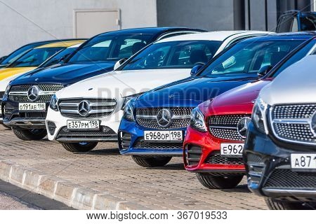 Mercedes-benz Different Class And Color In A Row In Front Of A Dealership. Russia, Saint-petersburg.