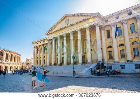Verona, Italy, September 12, 2019: Palazzo Barbieri Palace Palazzo Della Gran Guardia Nuova Neoclass