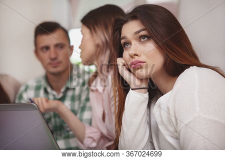 Females, Equality, Success Concept. Beautiful Cheerful Young Woman Taling To Her College Friends, En