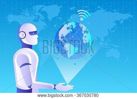 Artificial intelligence in the image of a wise woman. AI conceptual futuristic blue banner. Cybernetics mind analysis data. Neuron network processes information. Interface consists of computer icons. Robots man and woman with artificial intelligence worki