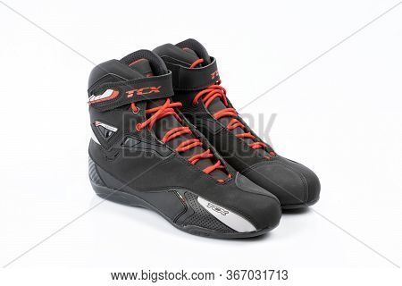 Boots Of The Brand Tcx And Model Rush Wp Red, Black, And White Isolated On White. Photograph Taken O