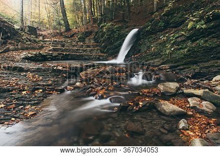 Autumn Mountain Waterfall Stream In The Rocks With Colorful Red Fallen Dry Leaves, Natural Seasonal 