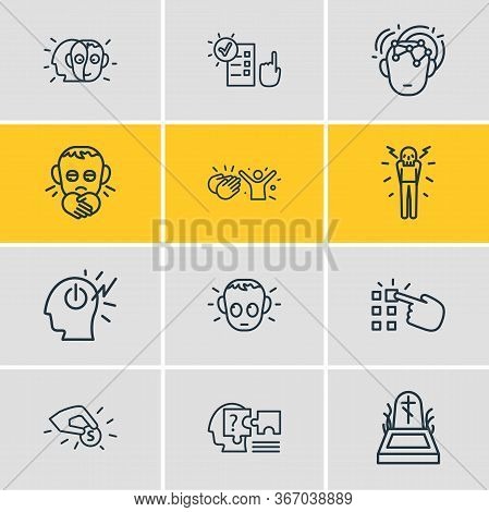 Vector Illustration Of 12 Emoticon Icons Line Style. Editable Set Of Responsibility, Making Choice, 