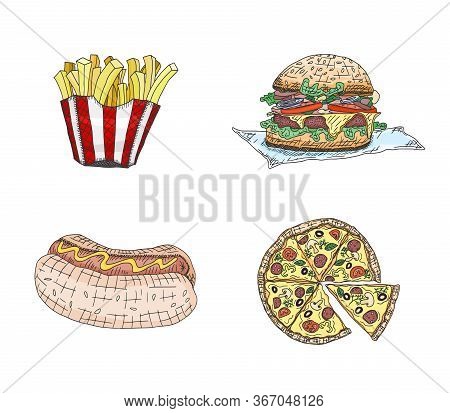 Fast Food Products Pizza Hot Dog Sandwich. Doodle Sketch Vector Stock