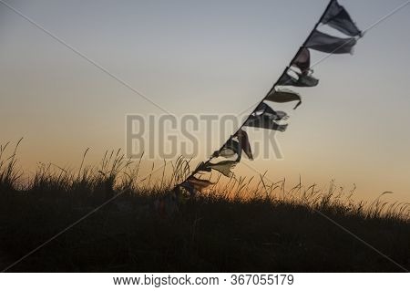 Small Flags In The Camp At Sunset, Kinburn Foreland Shore, Ukraine