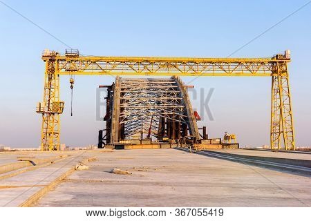 View Of Podilsko-voskresensky Bridge Under Construction, Urban Cityscape
