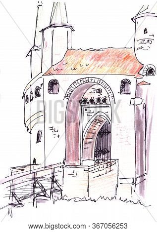 Drawing Gothic Barbacan In Krakow, Country Name - Poland