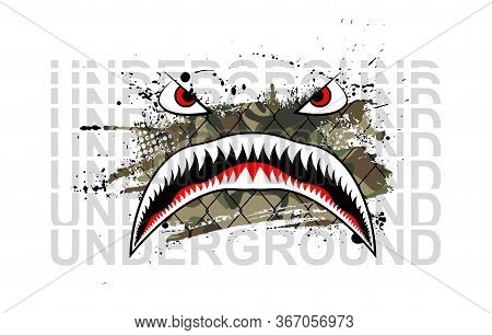Military Print, Flying Tiger Shark With Underground Text For T-shirt And Merch Design. Art For Silks