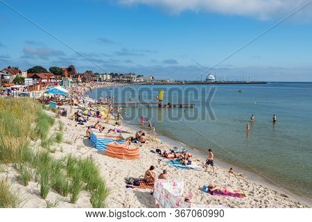 Sopot, Poland - July 24, 2019: Popular beach at Baltic sea at summer in Sopot, Poland