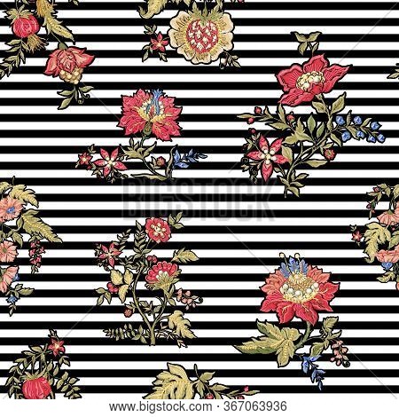 Fantasy Flowers In Retro, Vintage, Jacobean Embroidery Style. Embroidery Imitation With Beads And Se