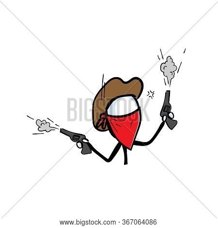 Wild West Gangster Robber. Gunman Shoots Revolver Guns. Hand Drawn. Stickman Cartoon. Doodle Sketch,