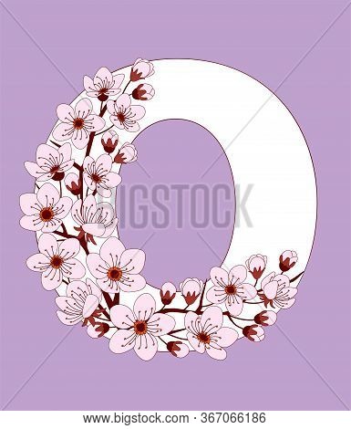 Capital Letter O Patterned With Hand Drawn Doodle Flowers Of Cherry Blossom. Colorful Vector Illustr