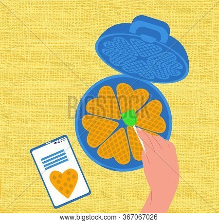 Vector Flat Illustration Of Process Making Waffles According To Recipe From Internet. Concept Cookin