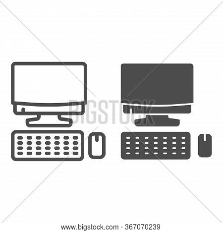 Computer Monitor With Keyboard And Mouse Line And Solid Icon, Smart Home Symbol, Technology Vector S