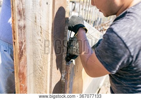 Work With Cement Mortar, Pouring Cement Mortar Wall, Foundation And Floor.