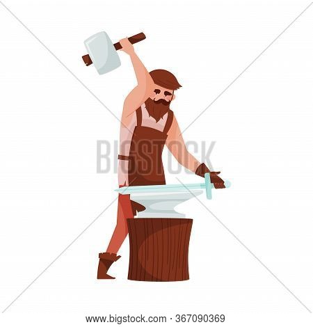 Bearded Blacksmith Forging Blade Of Sword On The Anvil Vector Illustration
