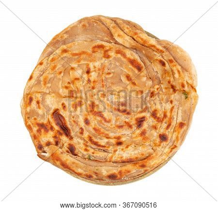 Indian Cuisine - Top View Of Lachha Paratha (multi Layered Fried Flatbread ) On Brass Plate Isolated