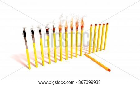 Concept Of Stop Spreading Coronavirus With Social Distancing. Matchsticks Burning In Line, Spreading