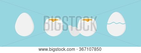 Set, Collection Of Vector Cartoon Style Eggs, Whole, Cracked, Soft-boiled For Breakfast Design.