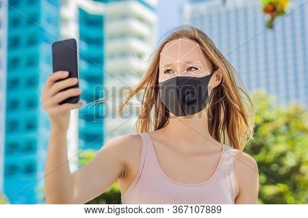 Facial Recognition Grid Overlay. Face Recognition In Medical Mask Using Artificial Intelligence And 