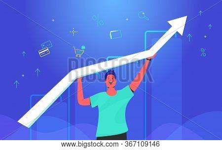 Happy Man Holding White Arrow Which Growing Up. Concept Gradient Vector Illustration Of A Guy Taking